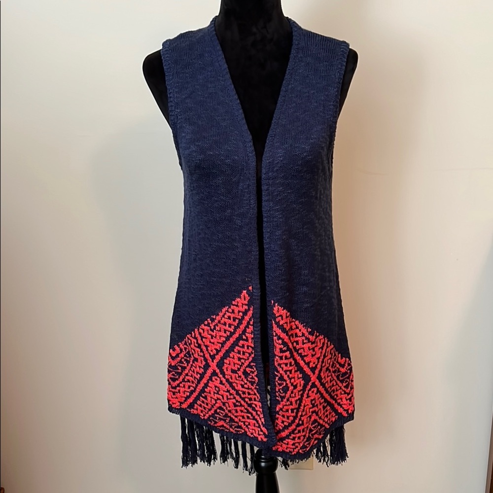 Navy and Red Sleeveless Cardigan with Fringe Size M NWOT